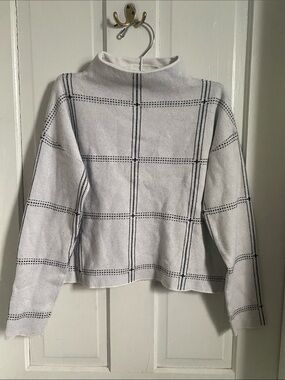 Max Studio White and Black Windowpane Mock Neck Sweater